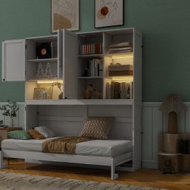 Twin Size Murphy Bed with Top Cabinet, Shelves and Light & USB