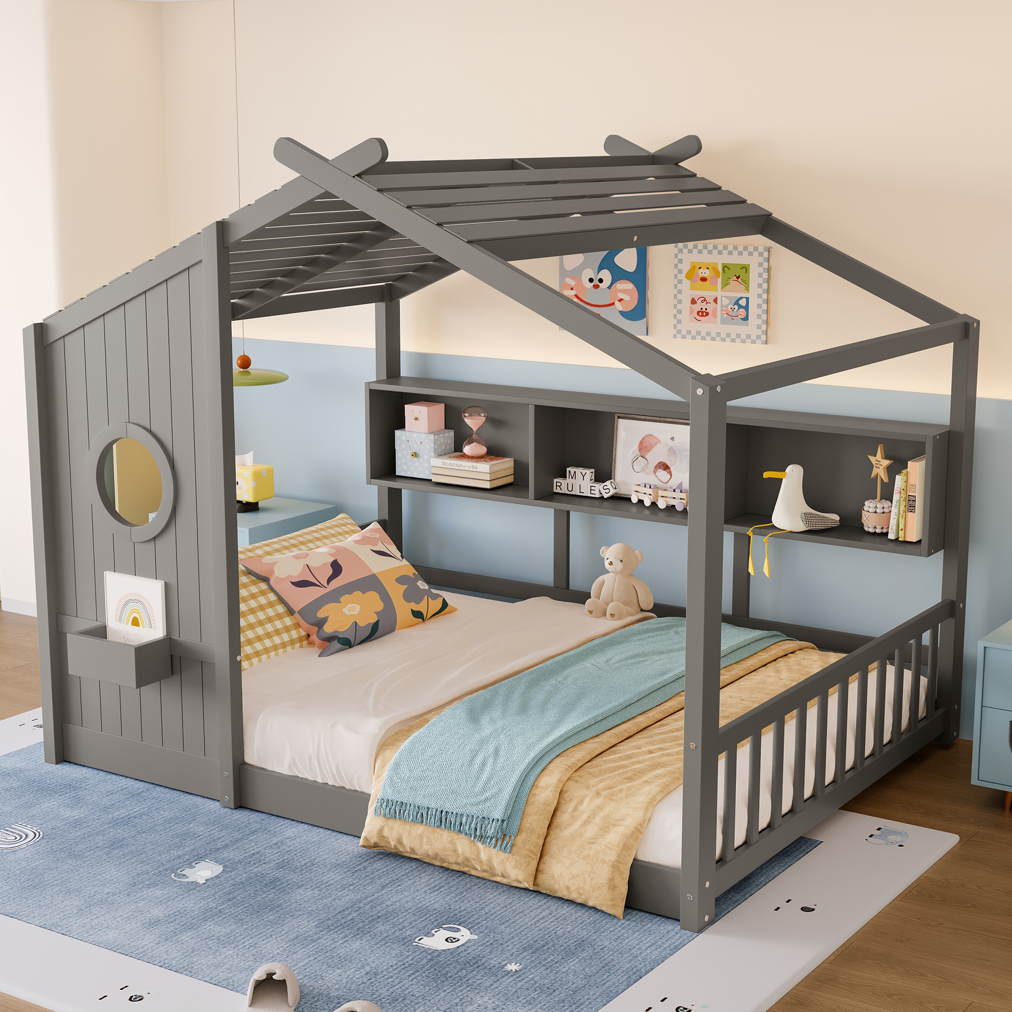 Full Size Floor House Bed for Toddler, Kids