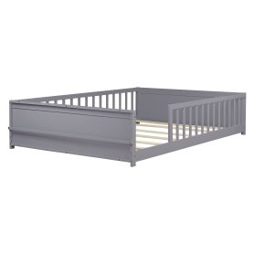 Full Size Rubber Wood Floor Bed with Guardrails, Built-in Book Rack