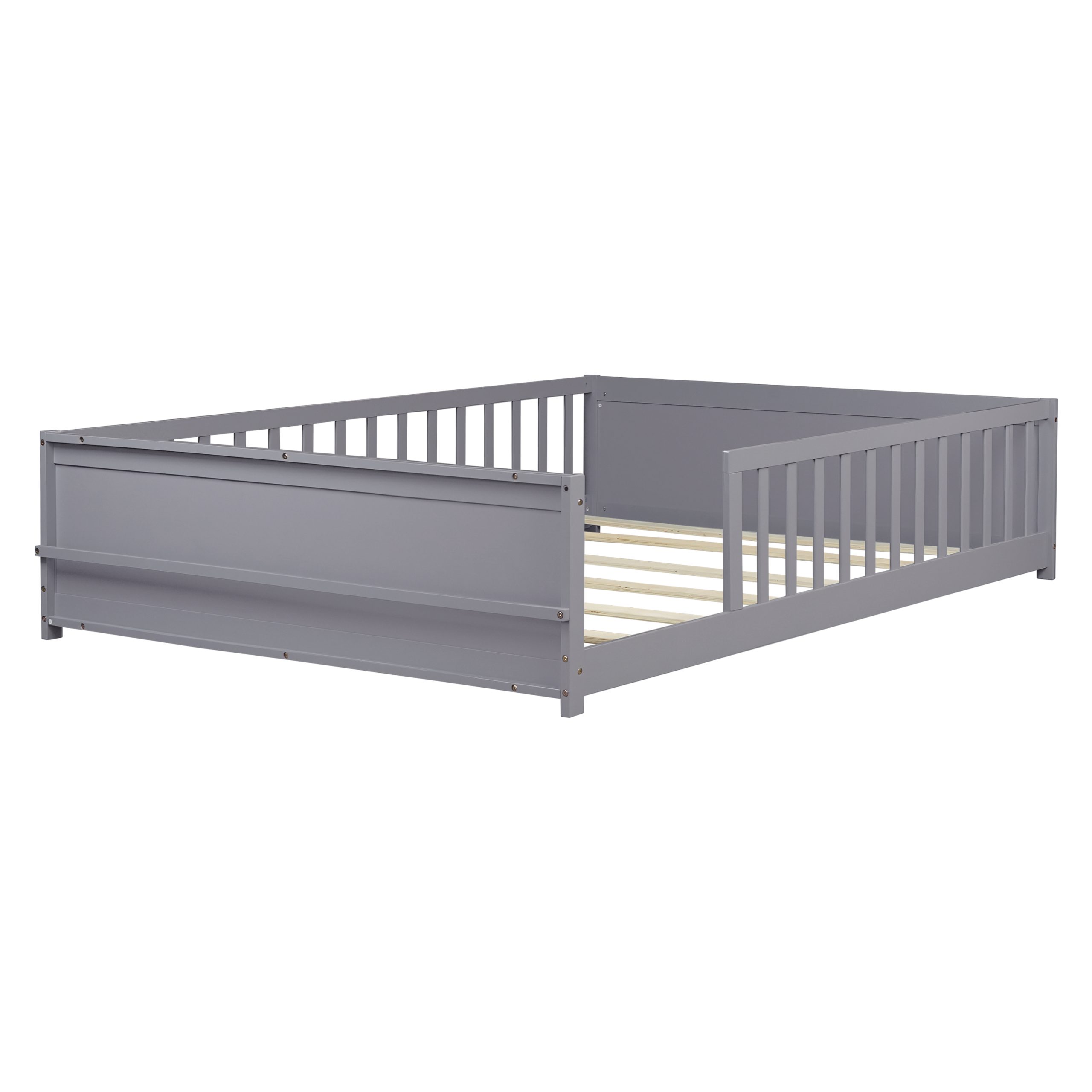 Full Size Rubber Wood Floor Bed with Guardrails, Built-in Book Rack