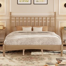 Retro Style Queen Size Wood Platform Bed With Gourd Shaped Headboard