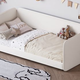 Twin Size Floor Bed with Upholstered Headboard and Armrests