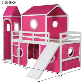Solid Wood Twin Size Loft Bed With Slide Pink Tent And Tower