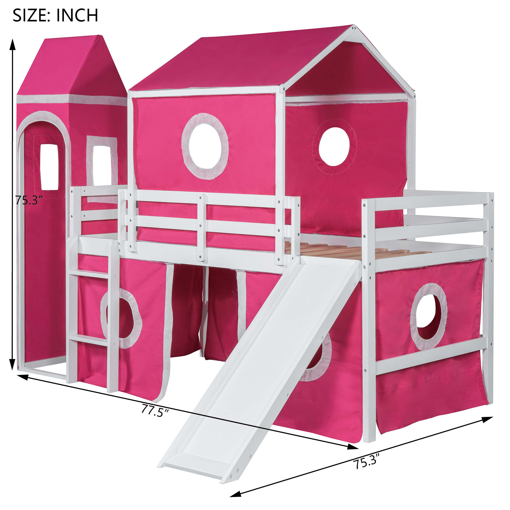Solid Wood Twin Size Loft Bed With Slide Pink Tent And Tower