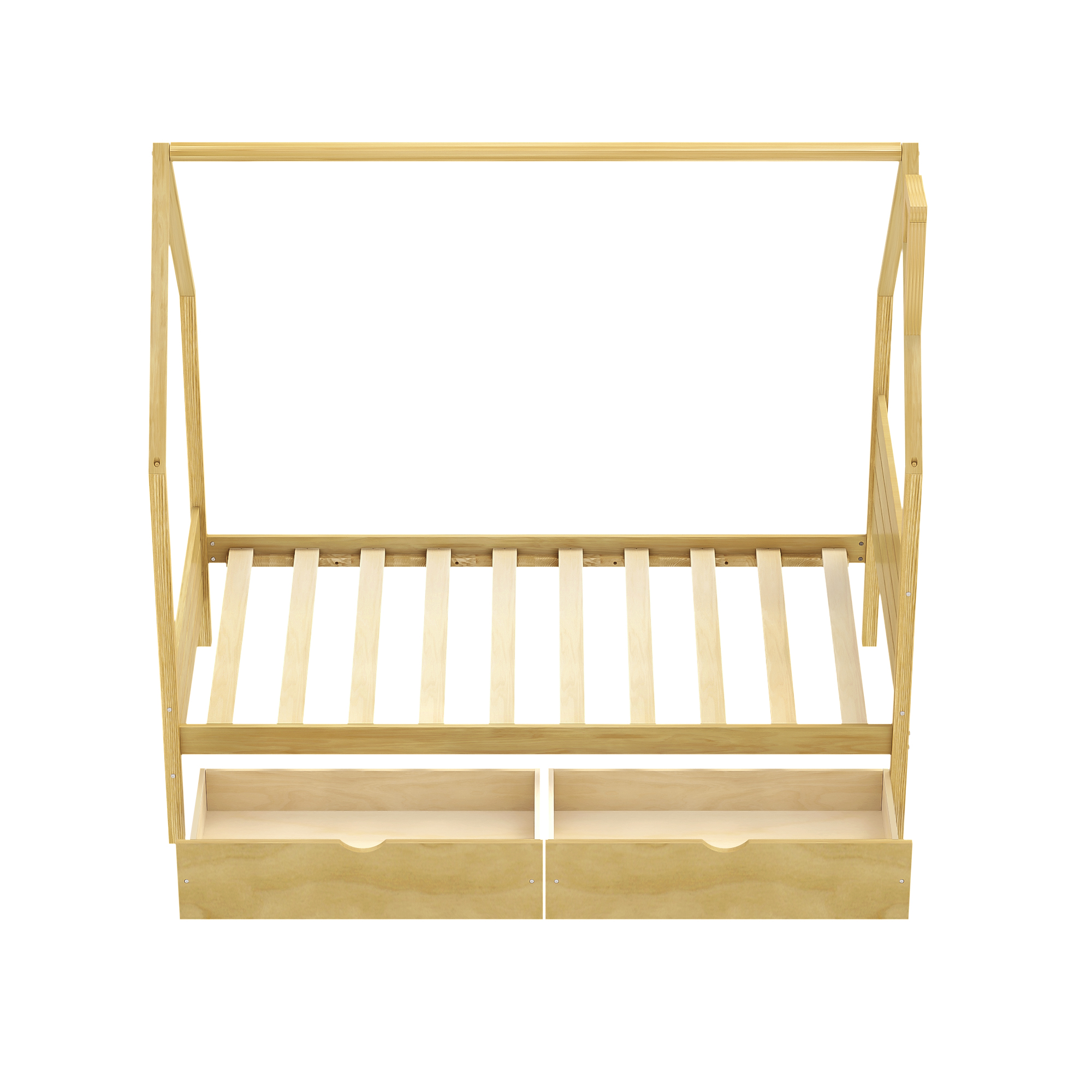 Wood House Shape Twin Montessori Bed with 2 Storage Drawers