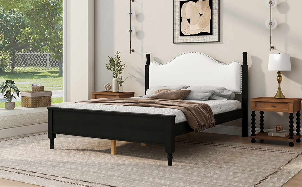 Queen Size Wood Platform Bed with Upholstered Headboard