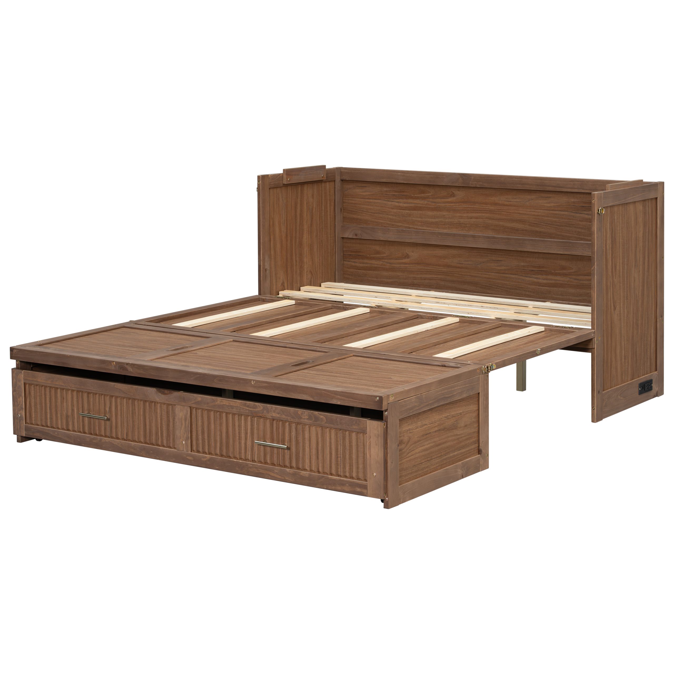 Pine Wood Cabinet Bed with Charging Station and Ripple Decoration Panels