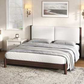 Wooden Platform Bed with PU Leather Headboard, King Size