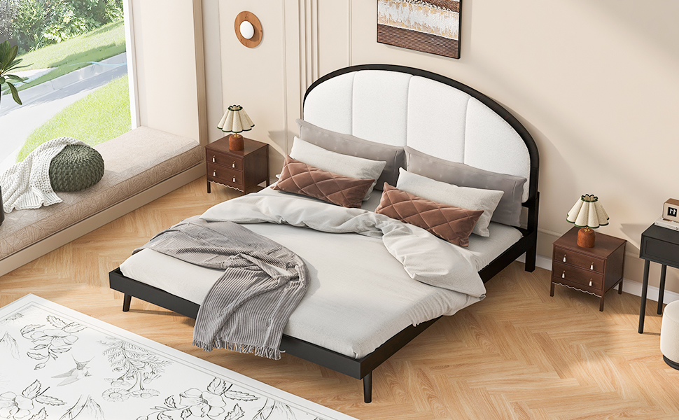Queen Size Upholstered Platform Bed Frame With Linen Headboard