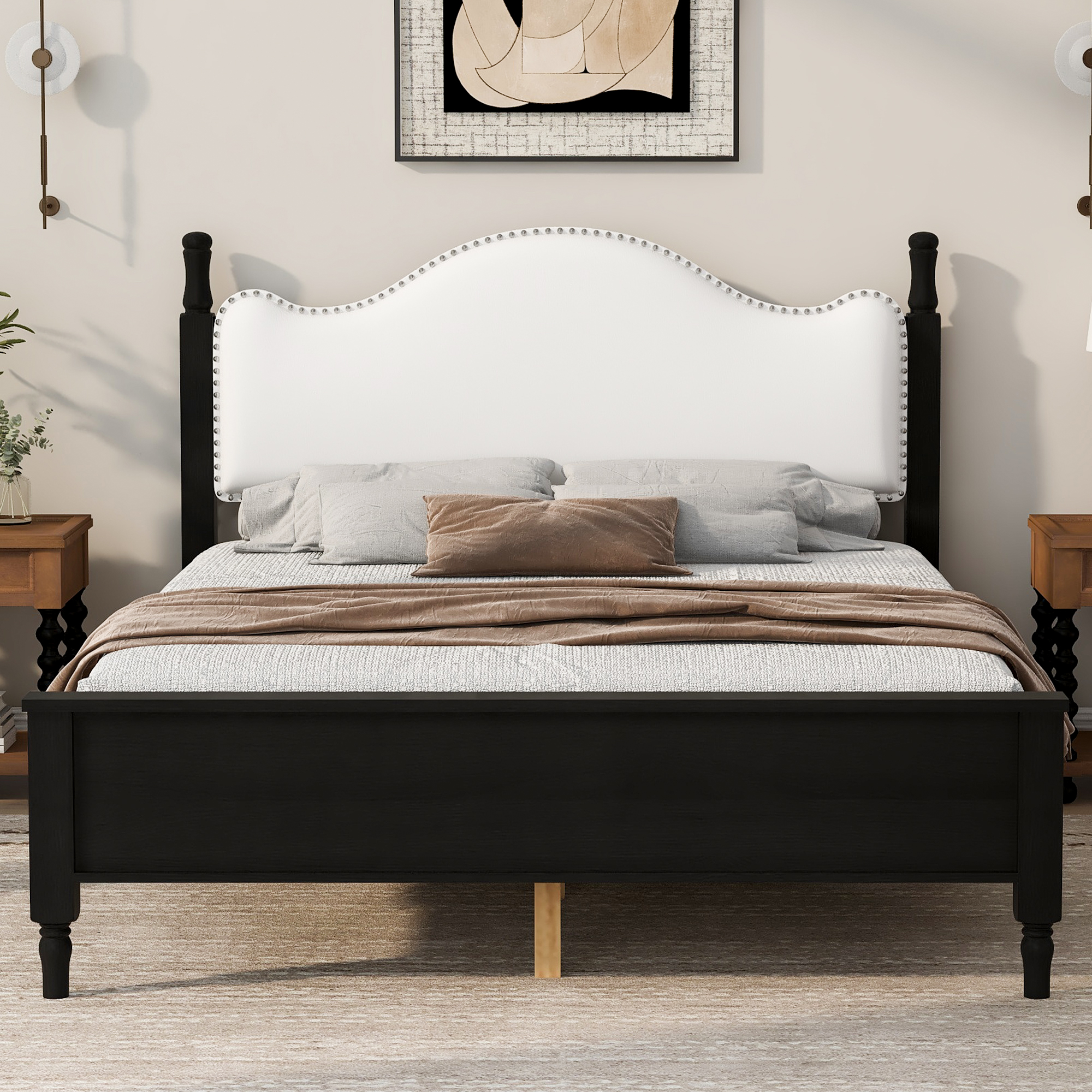 Queen Size Wood Platform Bed with Upholstered Headboard