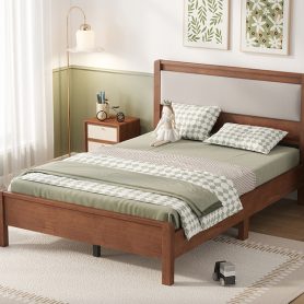 Full Size Solid Rubber Wooden Bed With Upholstered Headboard