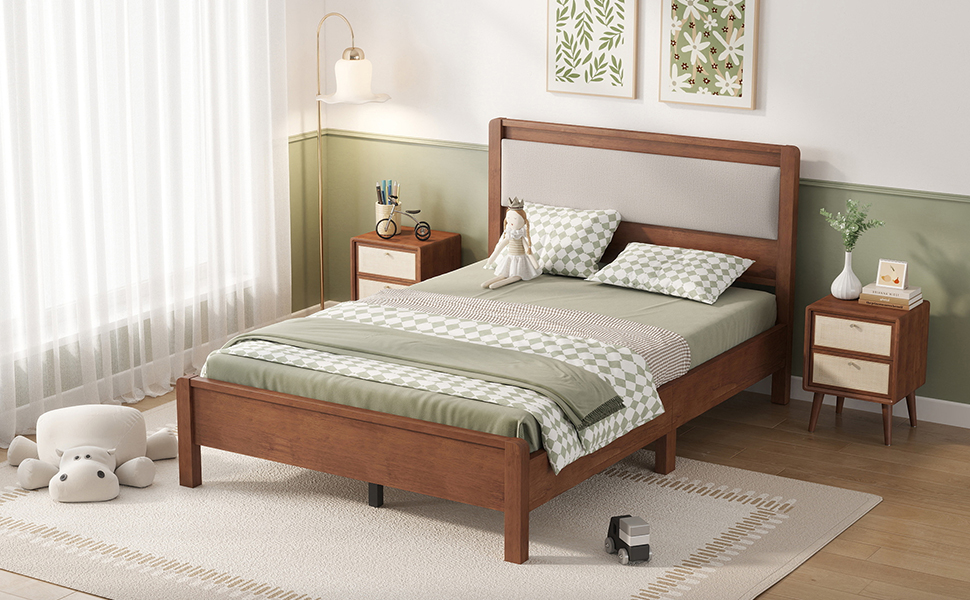 Full Size Solid Rubber Wooden Bed With Upholstered Headboard