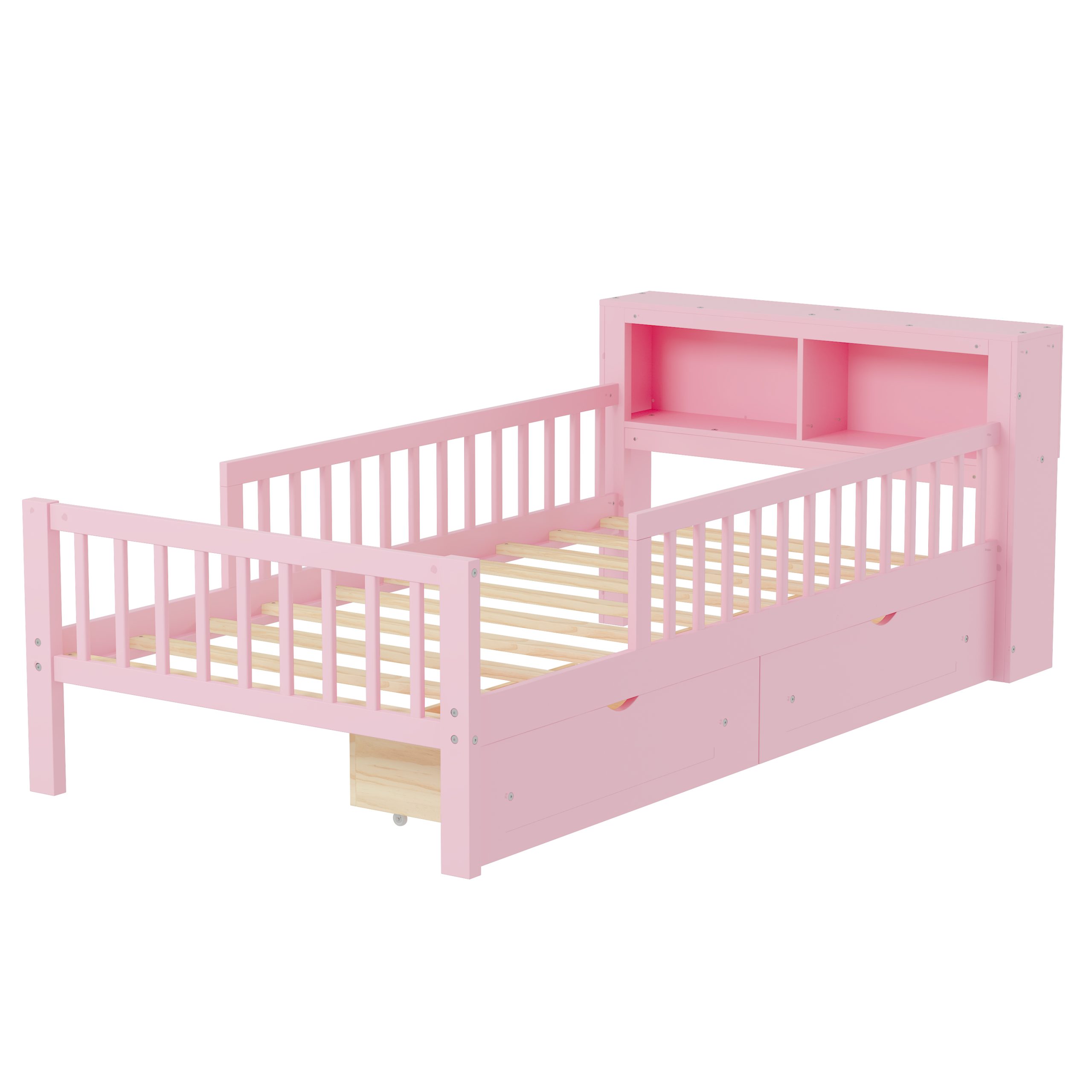 Twin Size Bed with Headboard Storage Rack, Two Under-Bed Drawers, Three-Side Guardrails for Safety and Securit