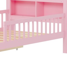 Twin Size Bed with Headboard Storage Rack, Two Under-Bed Drawers, Three-Side Guardrails for Safety and Securit
