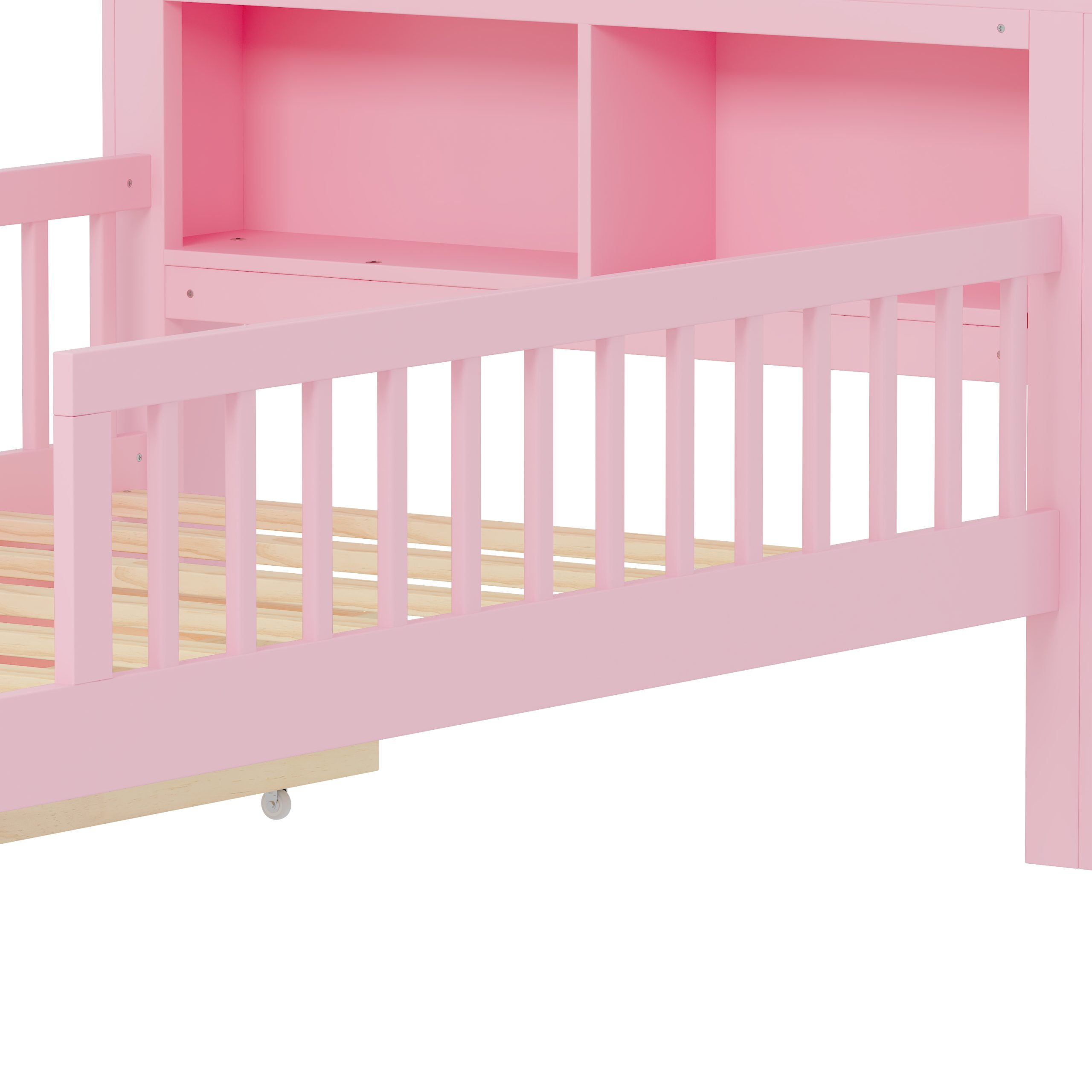 Twin Size Bed with Headboard Storage Rack, Two Under-Bed Drawers, Three-Side Guardrails for Safety and Securit
