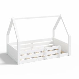 Twin Size House Floor Wooden Bed with House Roof Frame, Fence Guardrails & Grooved Panel Design