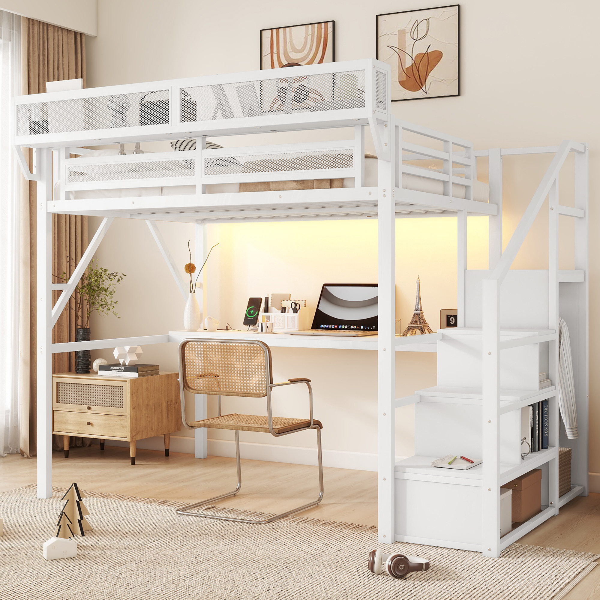 Metal Full Loft Bed With Desk, Charging Station, Stairs And Light