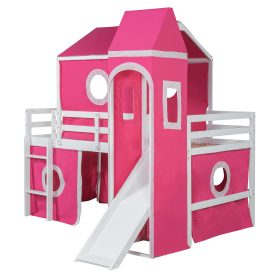 Solid Wood Twin Size Loft Bed With Slide Pink Tent And Tower