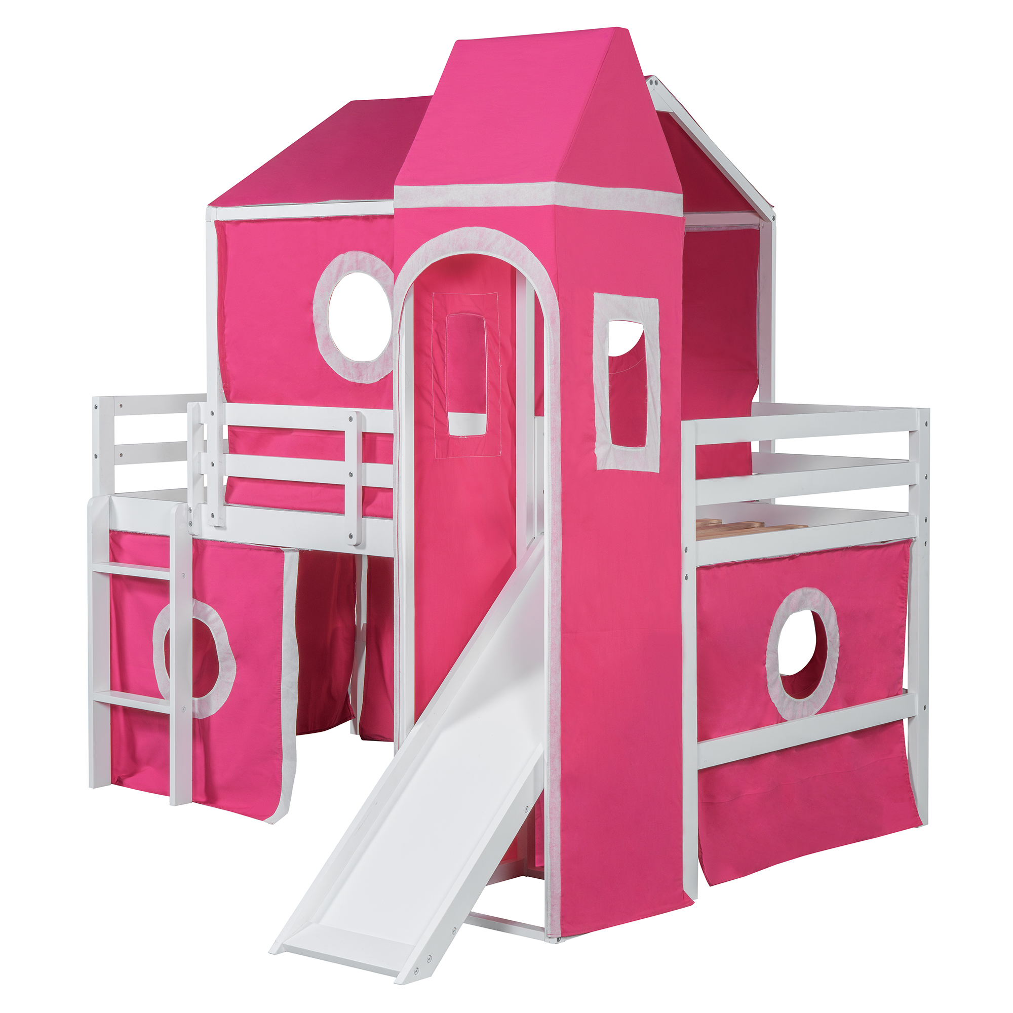 Solid Wood Twin Size Loft Bed With Slide Pink Tent And Tower