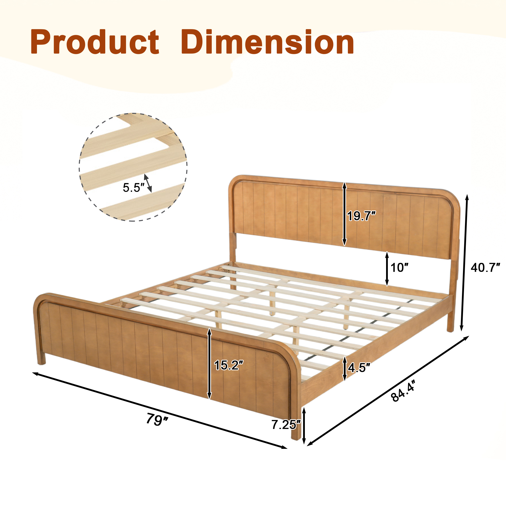 Wood King Bed Frame With Headboard, Noise-free Design, No Box Spring Needed
