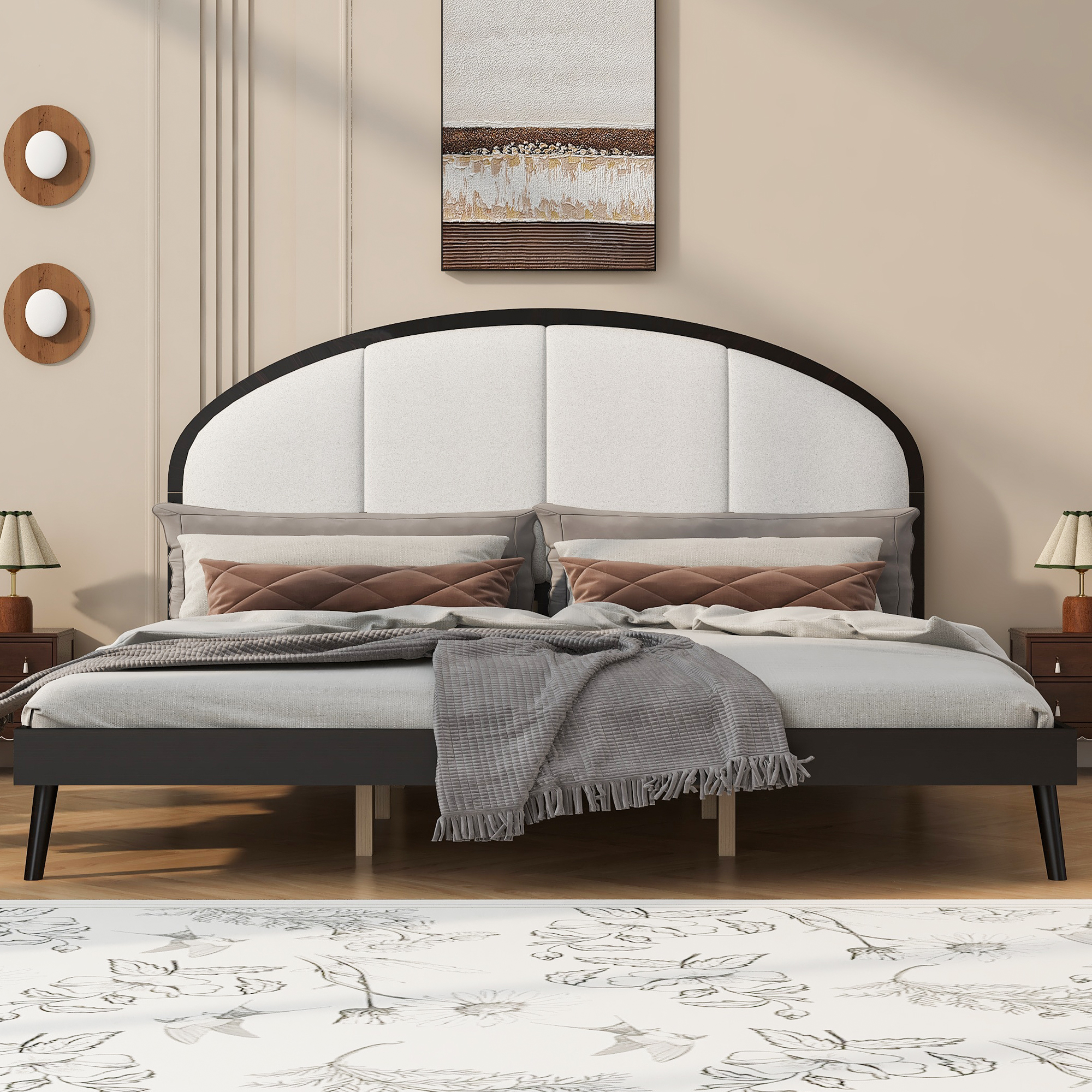 King Size Upholstered Platform Bed Frame With Linen Headboard