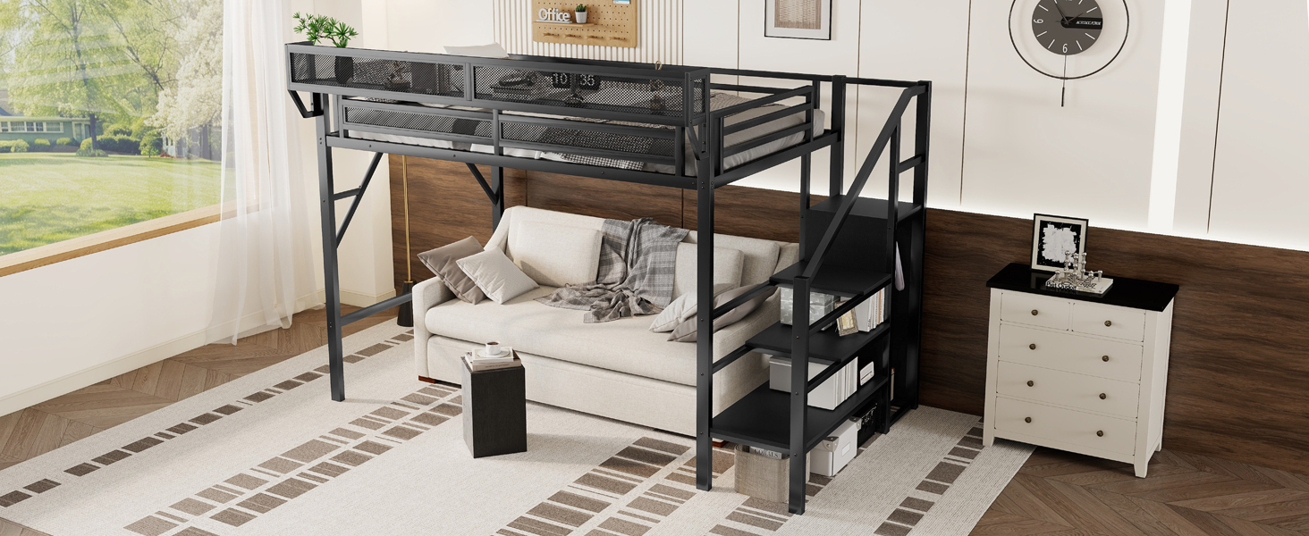 Metal Twin Xl Size Loft Bed With Stairs, Storage Shelves and Wardrobe