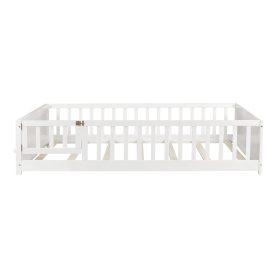 Full Size Rubber Wood Floor Bed with Guardrails, Built-in Book Rack, Door