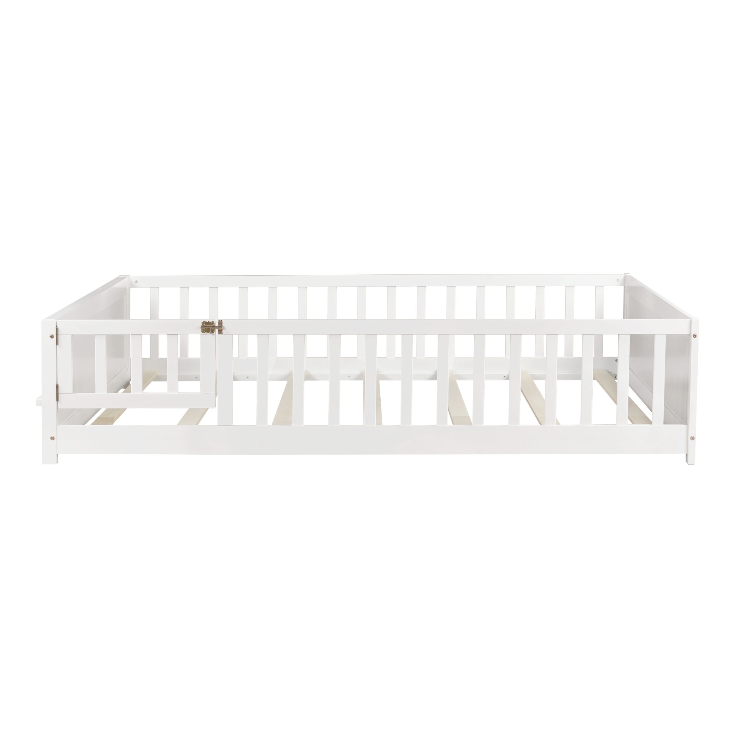 Full Size Rubber Wood Floor Bed with Guardrails, Built-in Book Rack, Door