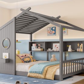 Full Size Floor House Bed for Toddler, Kids