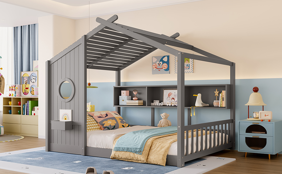 Full Size Floor House Bed for Toddler, Kids