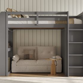Full Size High Loft Bed with Built-in Desk, LED Lights, Storage Shelves & Double Door Wardrobe Closet