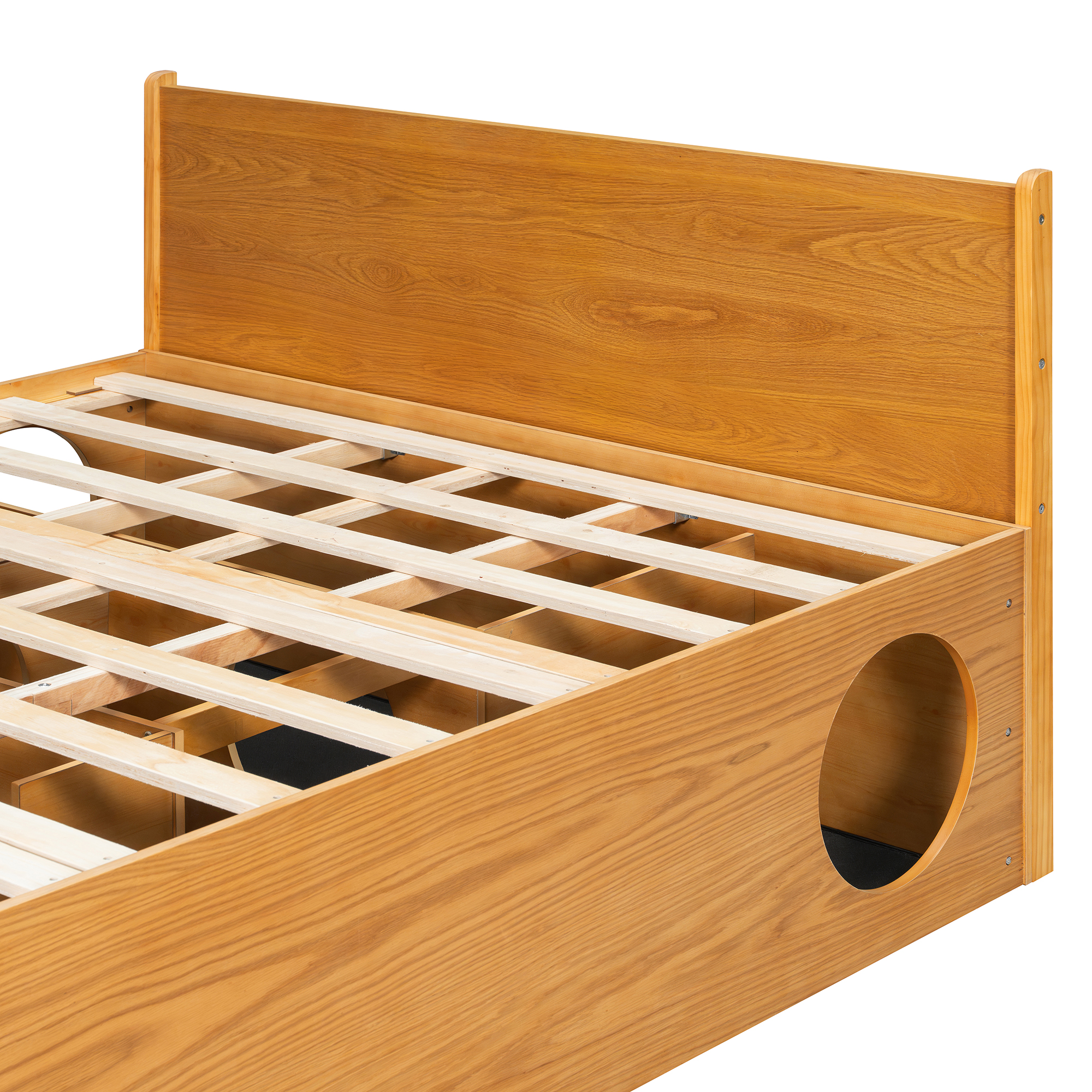 Queen Wood Platform Bed with Removable Headboard, Under-Bed Pet Maze & Private Space, Decorative Footboard, Detachable Slats