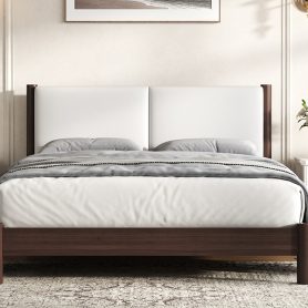 Wooden Platform Bed with PU Leather Headboard