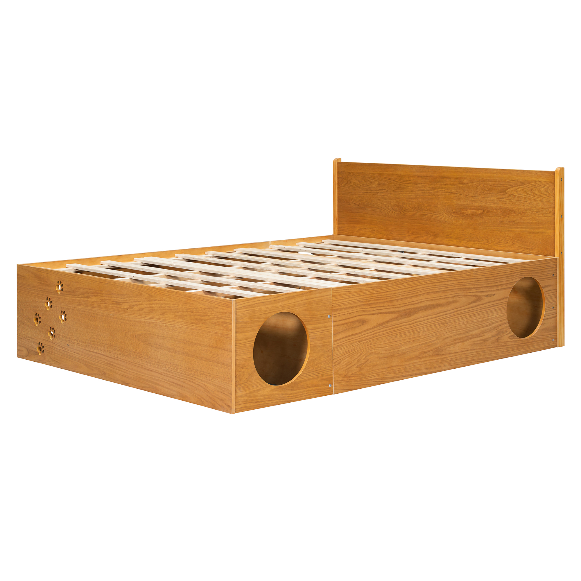 Queen Wood Platform Bed with Removable Headboard, Under-Bed Pet Maze & Private Space, Decorative Footboard, Detachable Slats