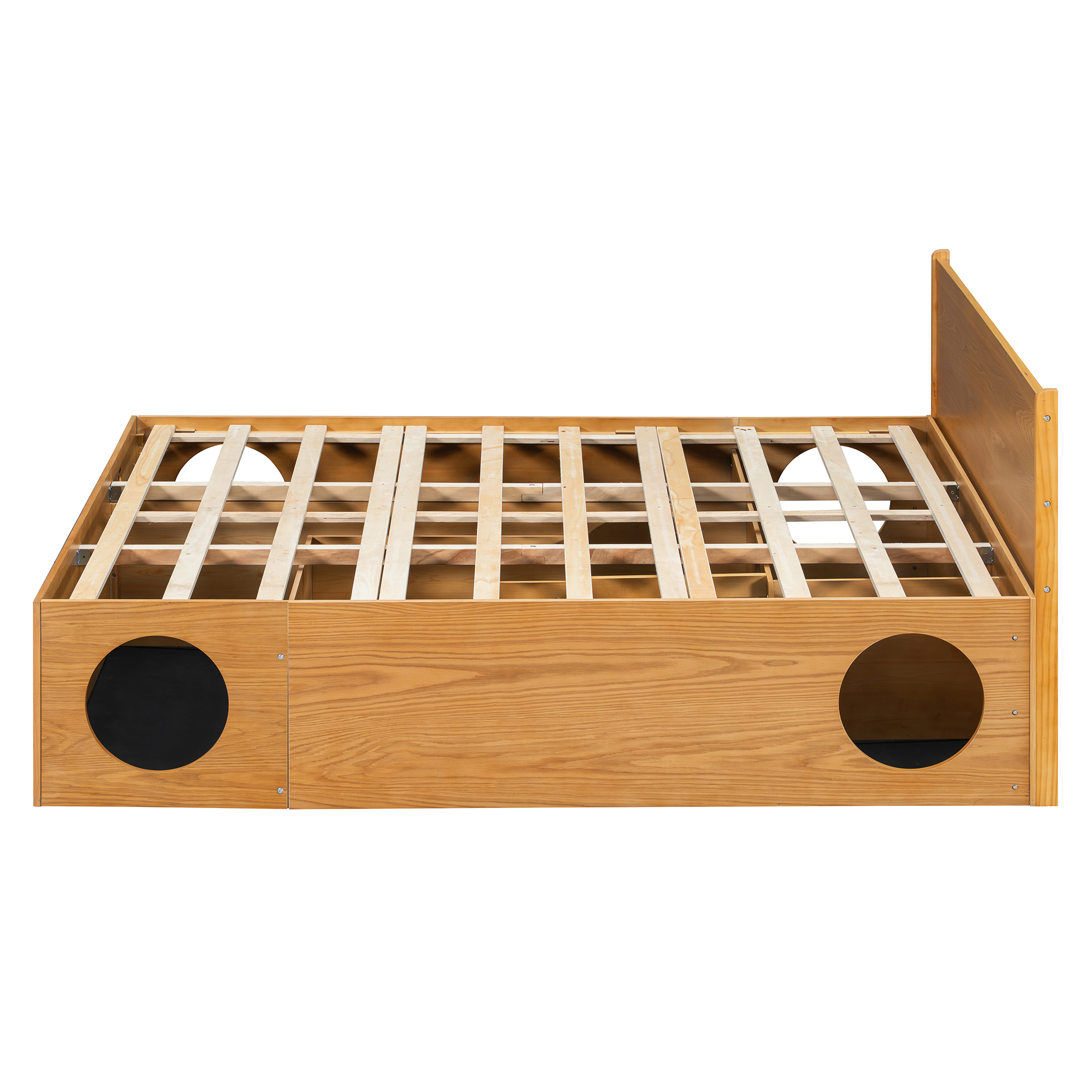 Queen Wood Platform Bed with Removable Headboard, Under-Bed Pet Maze & Private Space, Decorative Footboard, Detachable Slats