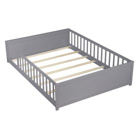 Full Size Rubber Wood Floor Bed with Guardrails, Built-in Book Rack