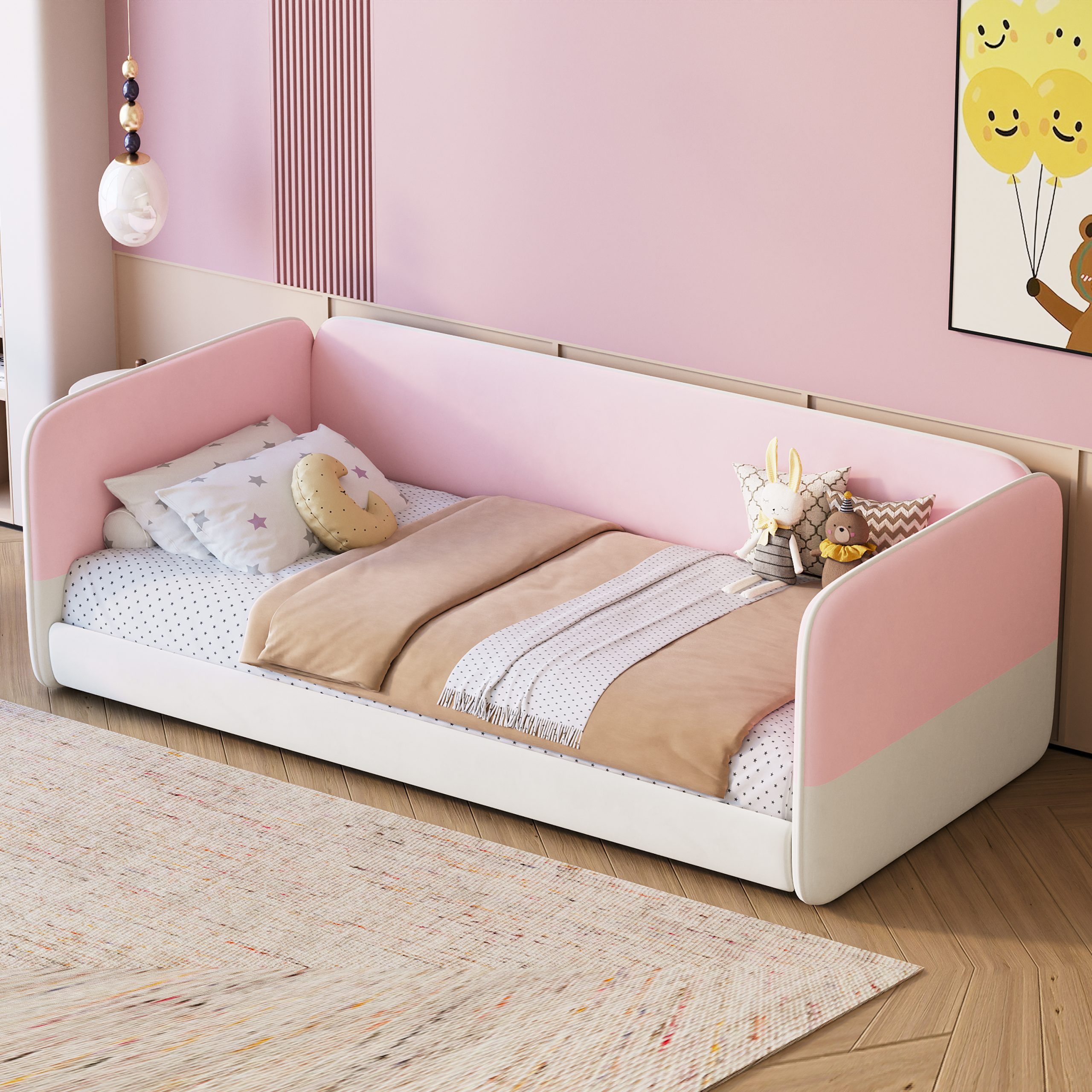 Twin Size Floor Bed with Upholstered Headboard and Armrests