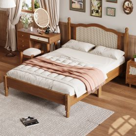 Full Size Wooden Platform Bed with Natural Rattan Headboard