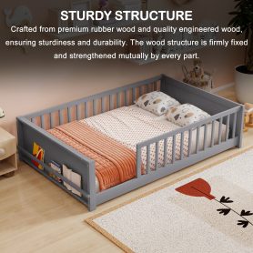 Full Size Rubber Wood Floor Bed with Guardrails, Built-in Book Rack