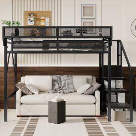Metal Twin Xl Size Loft Bed With Stairs, Storage Shelves and Wardrobe