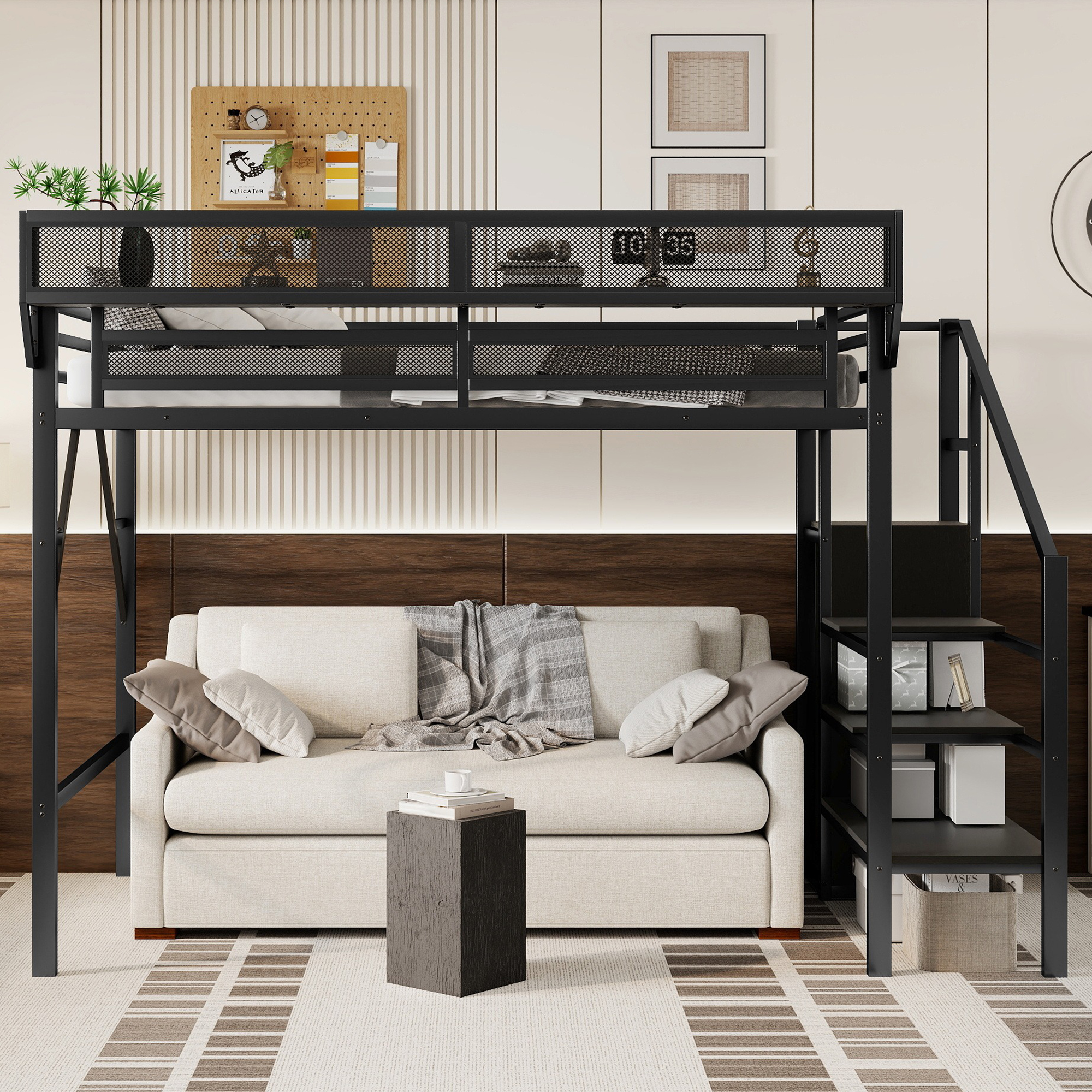 Metal Twin Xl Size Loft Bed With Stairs, Storage Shelves and Wardrobe
