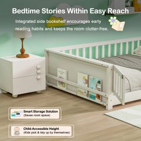 Full Size Rubber Wood Floor Bed with Guardrails, Built-in Book Rack, Door
