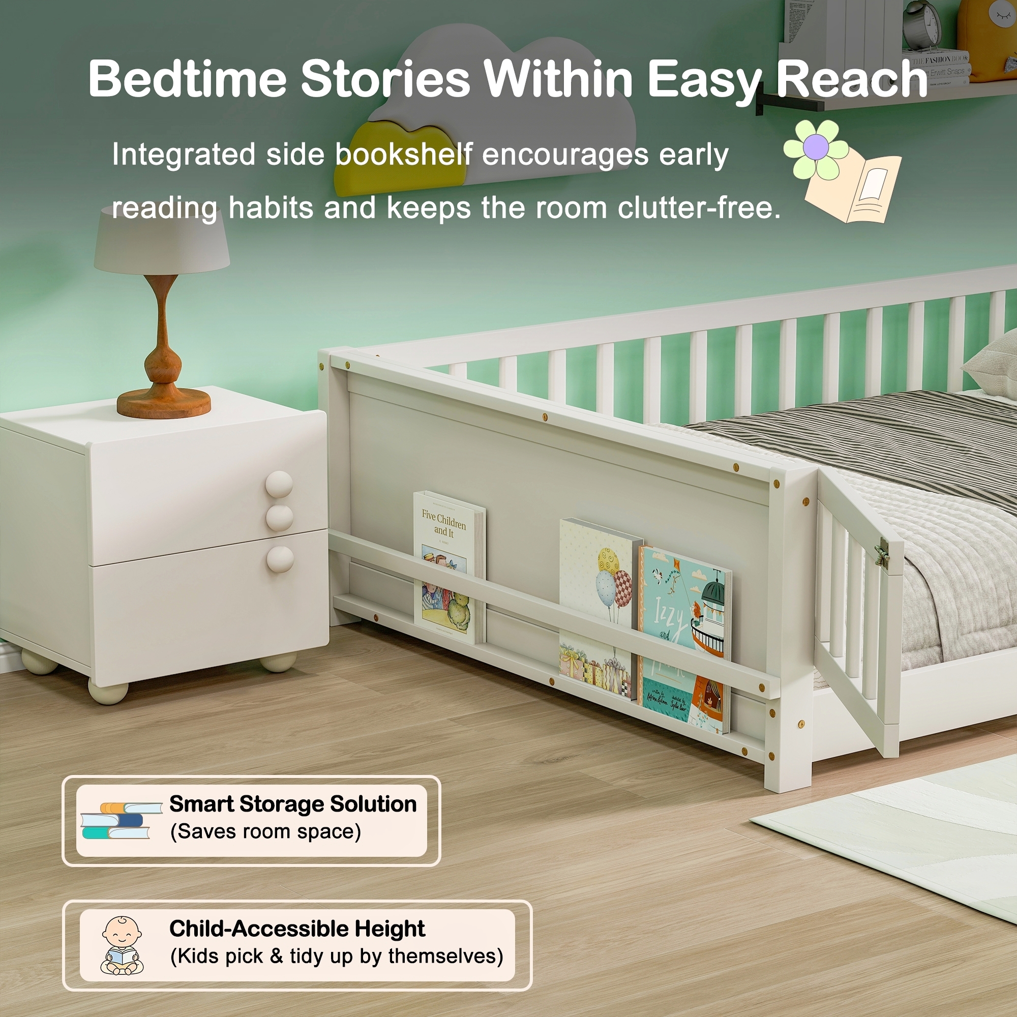 Full Size Rubber Wood Floor Bed with Guardrails, Built-in Book Rack, Door