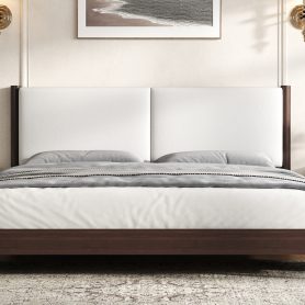 Wooden Platform Bed with PU Leather Headboard, King Size