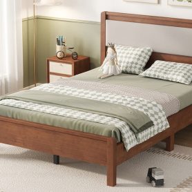 Full Size Solid Rubber Wooden Bed With Upholstered Headboard