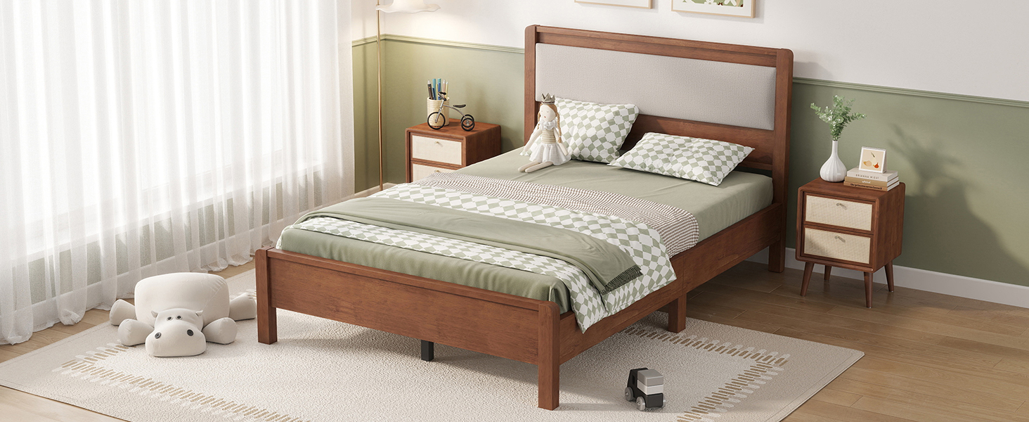 Full Size Solid Rubber Wooden Bed With Upholstered Headboard