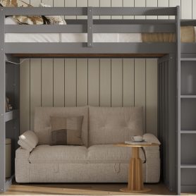 Full Size High Loft Bed with Built-in Desk, LED Lights, Storage Shelves & Double Door Wardrobe Closet