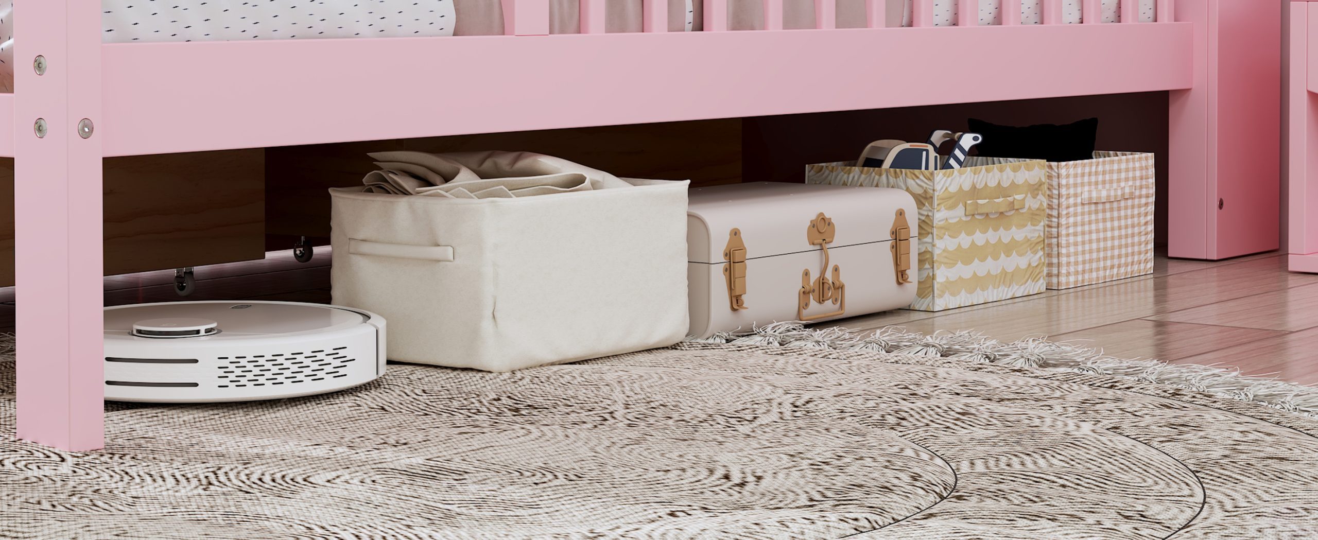 Twin Size Bed with Headboard Storage Rack, Two Under-Bed Drawers, Three-Side Guardrails for Safety and Securit