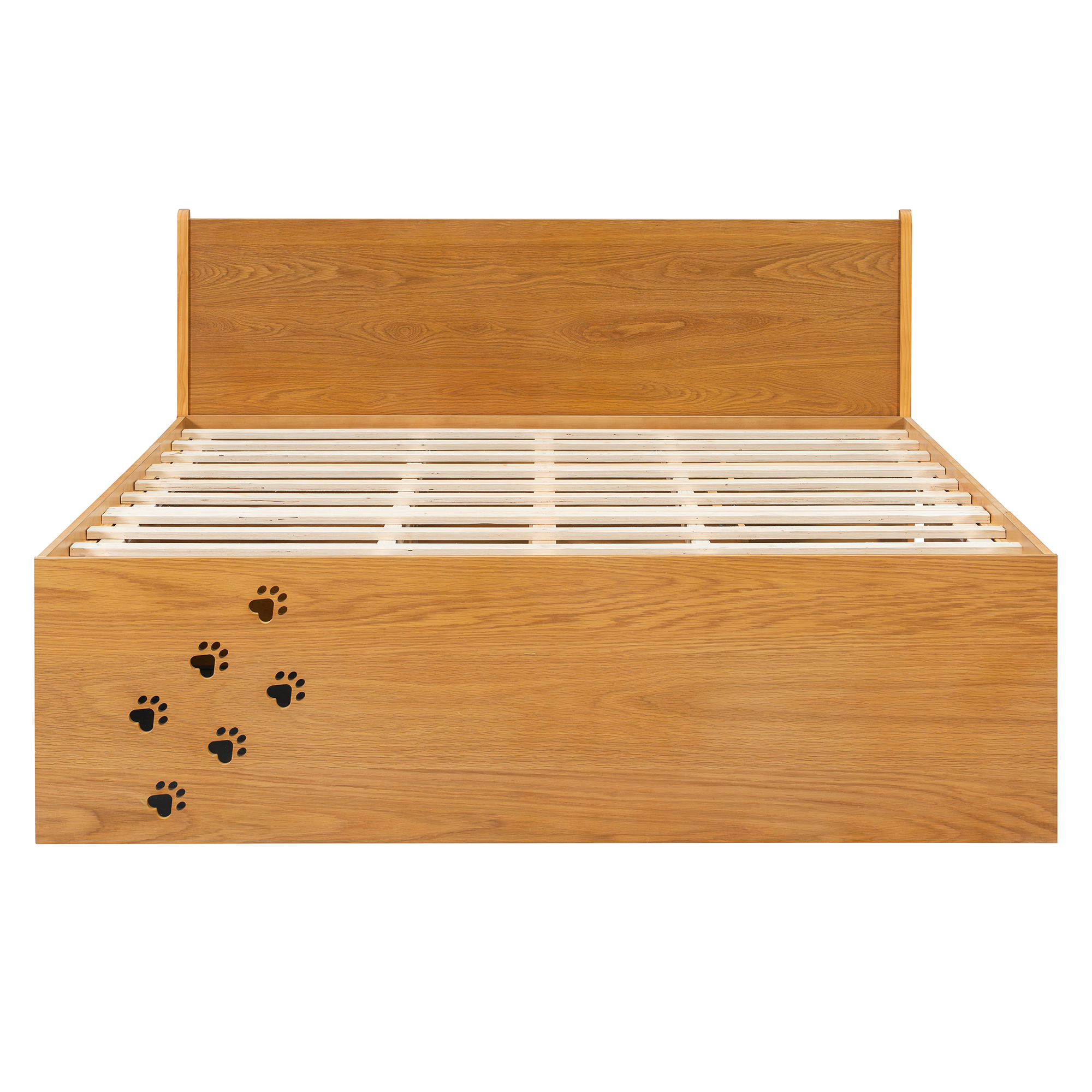 Queen Wood Platform Bed with Removable Headboard, Under-Bed Pet Maze & Private Space, Decorative Footboard, Detachable Slats