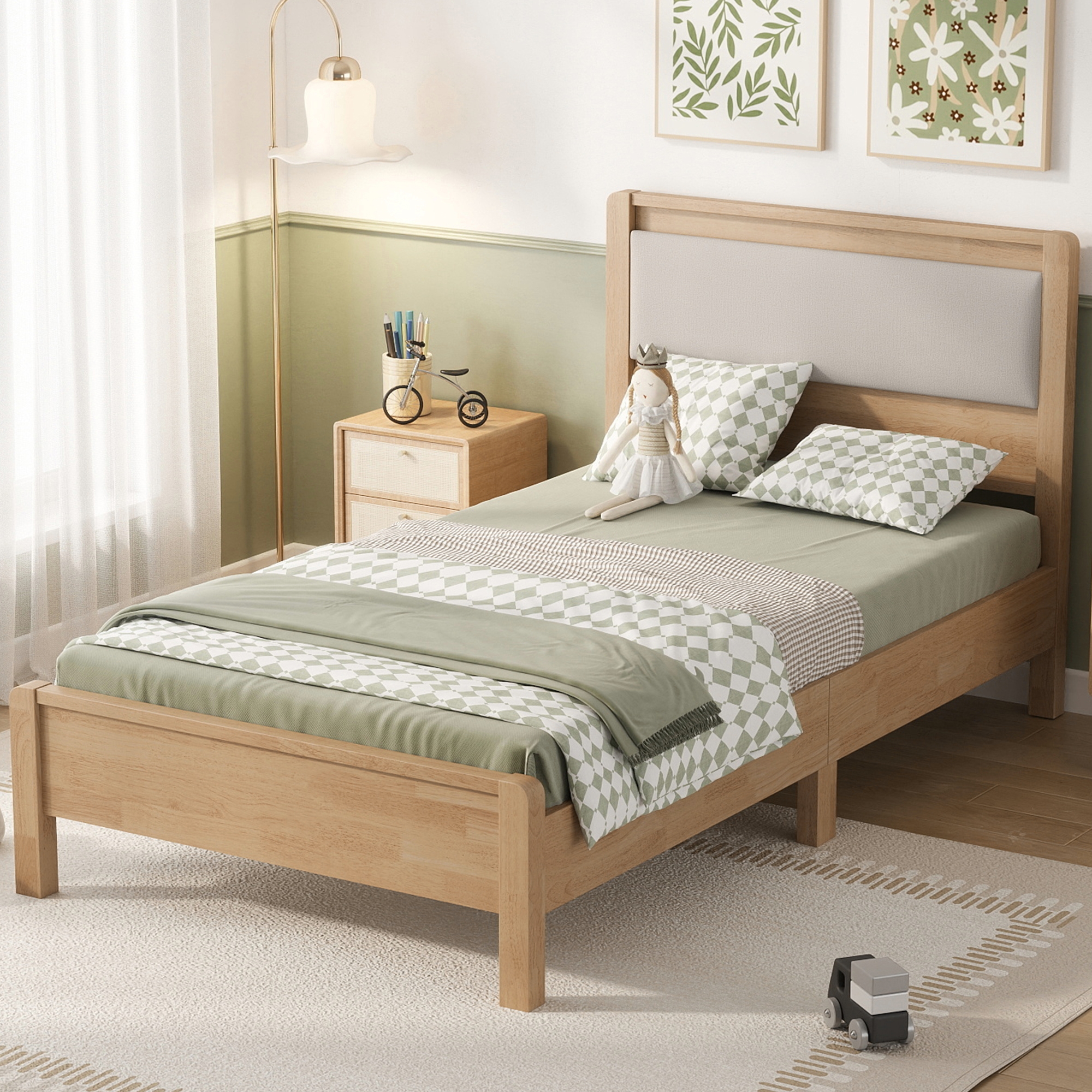 Twin Xl Size Solid Rubber Wooden Bed With Upholstered Headboard